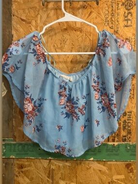 Sky Blue Floral Bardot Crop Top with Flutter Sleeves